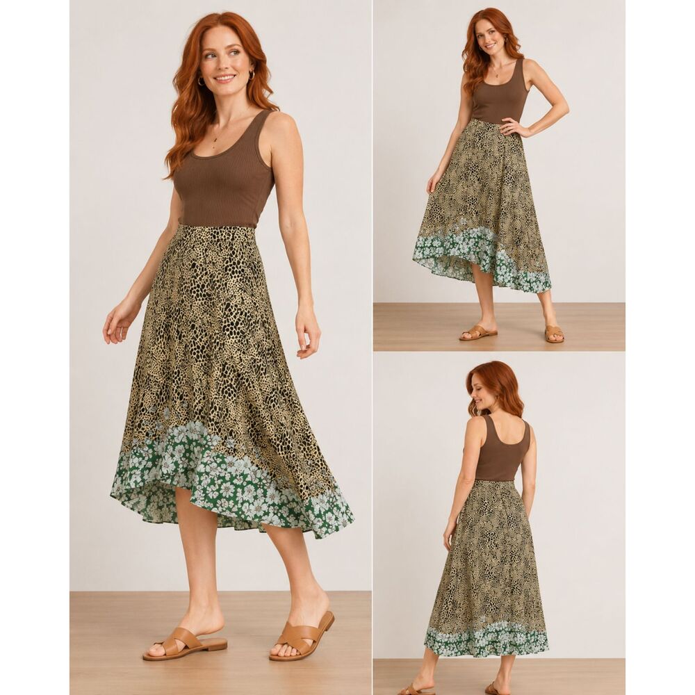 New GIGIO Size L 12 14 floral cottagecore elastic waist faux wrap midi skirt
